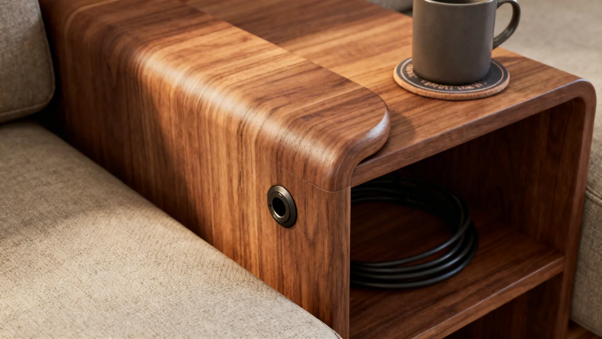 Macro of built-in oak shelf with rounded edge and cable grommet beside a mug on a coaster.