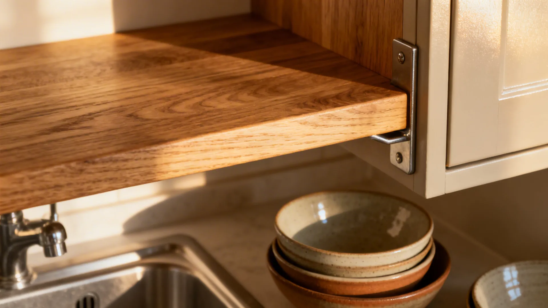 Macro of an oak shelf edge with wood grain and stacked bowls adding warmth to a small kitchen.