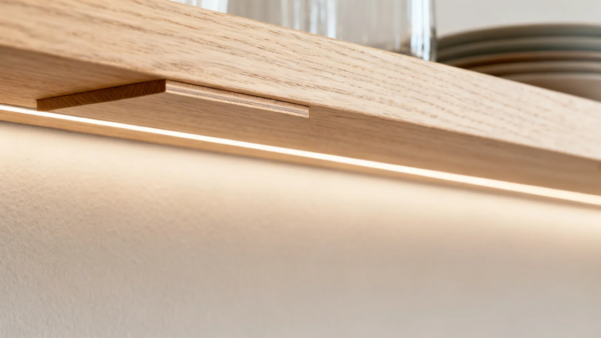 Close-up of a matte white-oiled oak shelf with concealed rail and stiffened front edge.