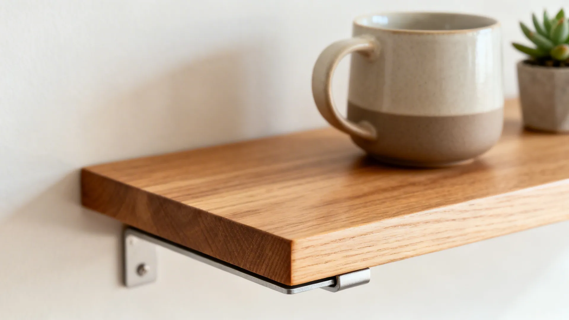Macro of an oak floating shelf edge with concealed bracket, styled with a mug and small plant.