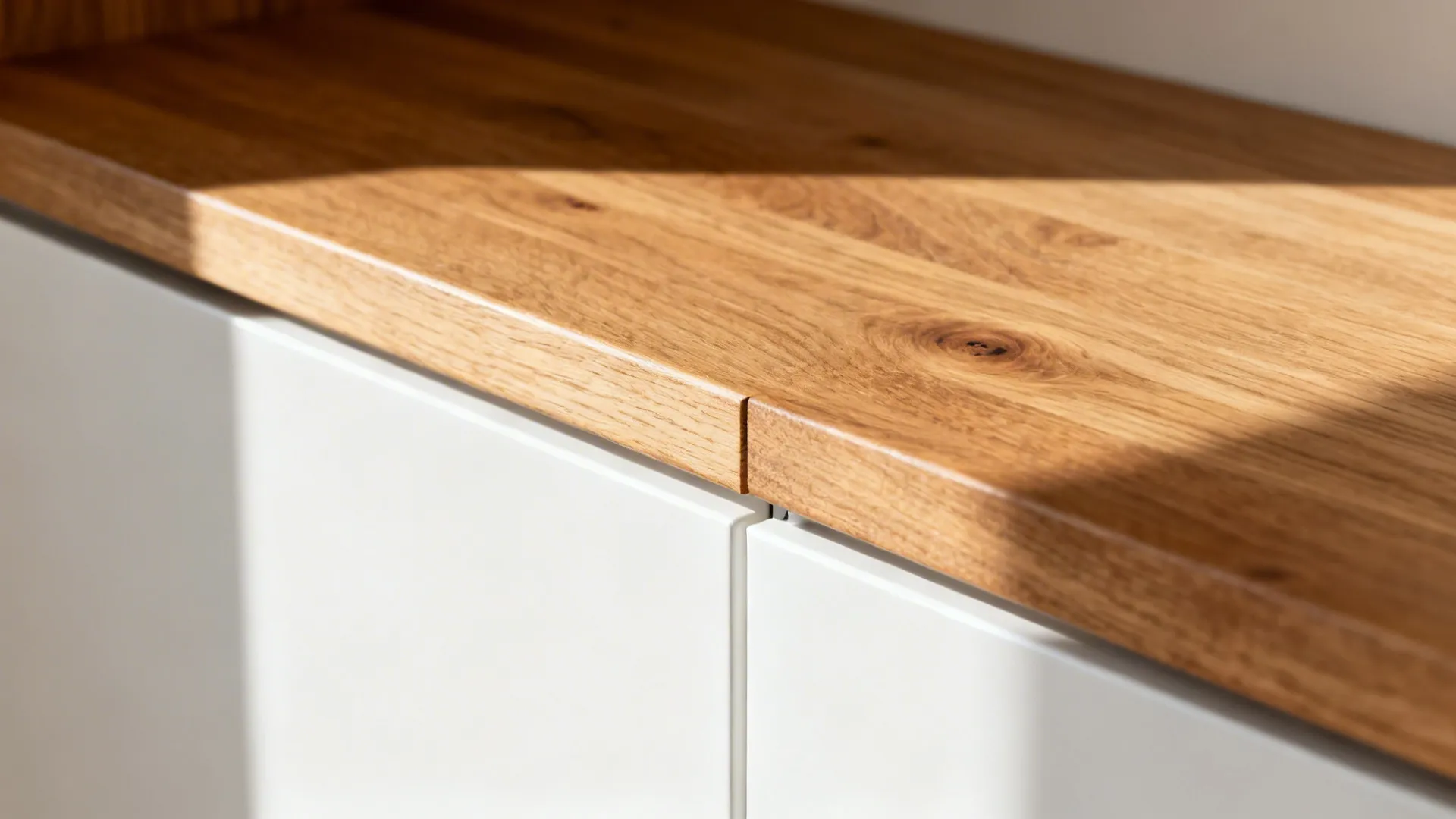 Macro of an oak shelf meeting a smooth white cabinet door in soft daylight.