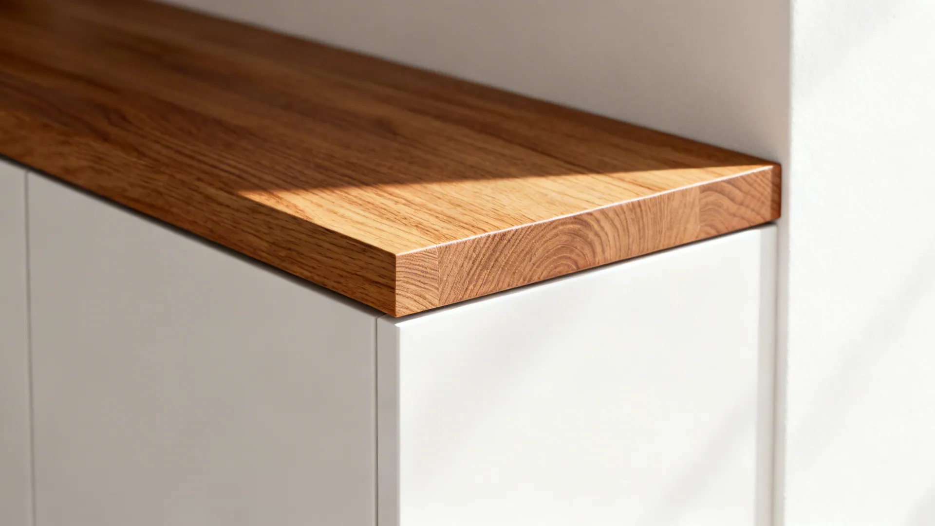 Macro of an oiled oak shelf edge above matte white cabinets showing rich wood grain.