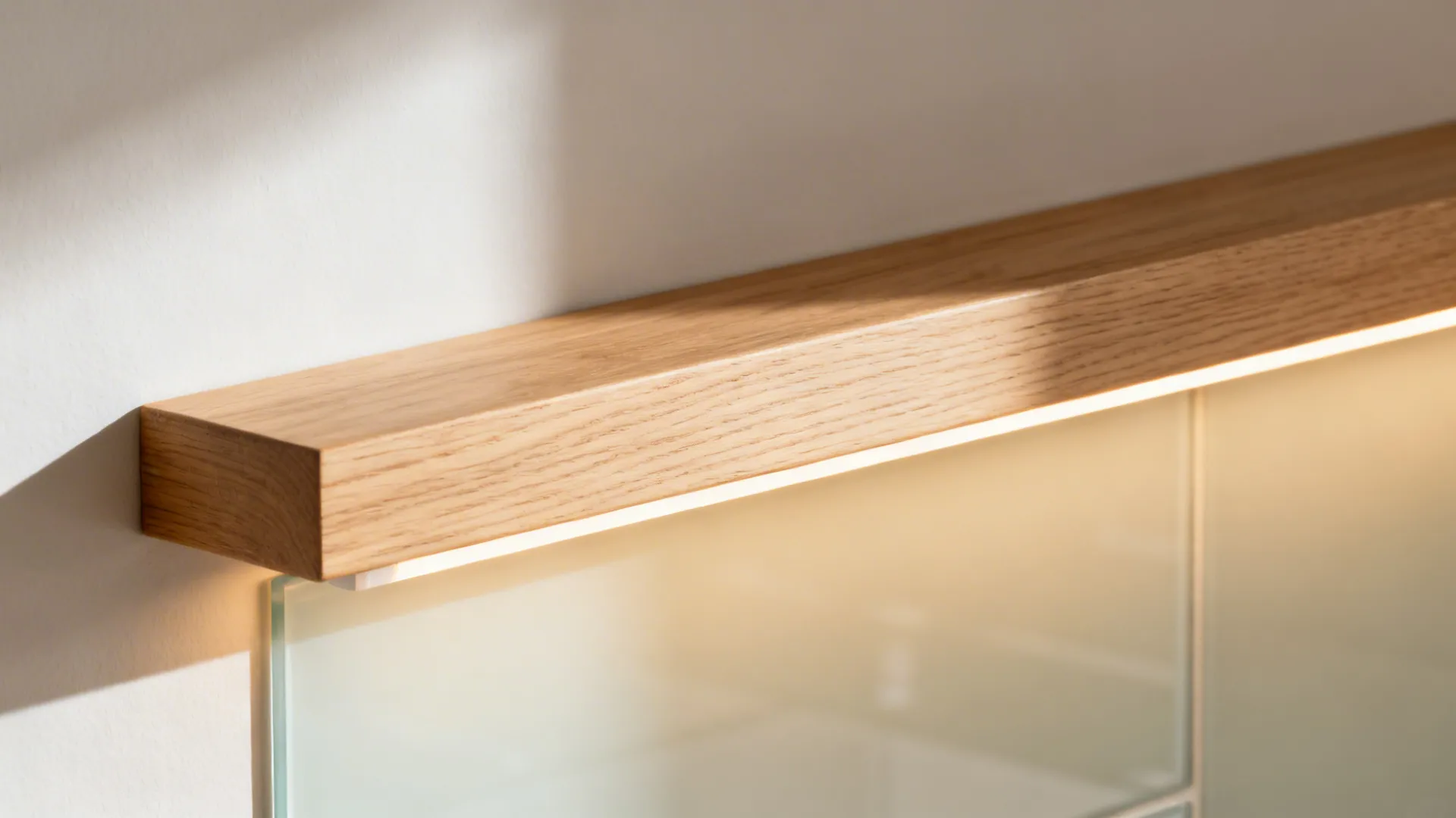 Close-up of a slim pale oak shelf with warm LED glow above a light splashback.