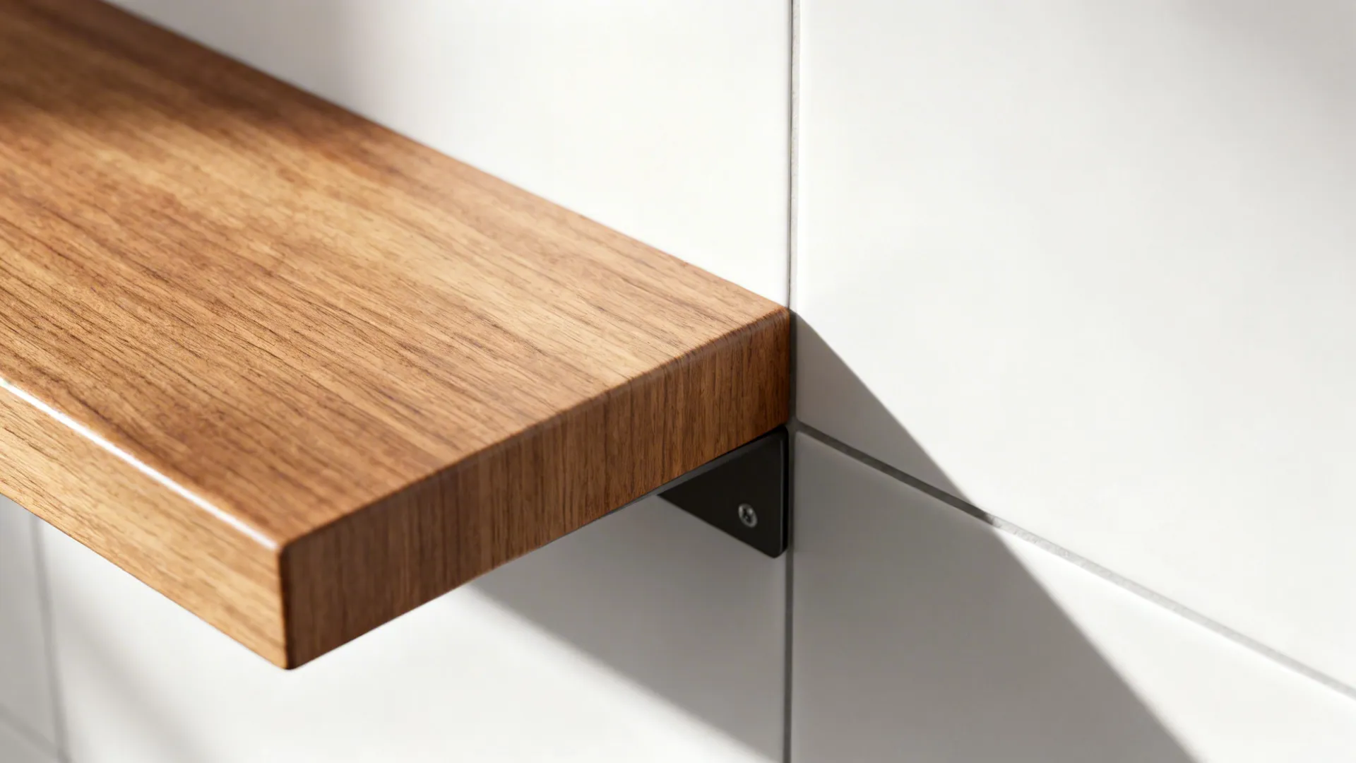 Macro of an oak floating shelf with concealed bracket and a smooth sealed finish.