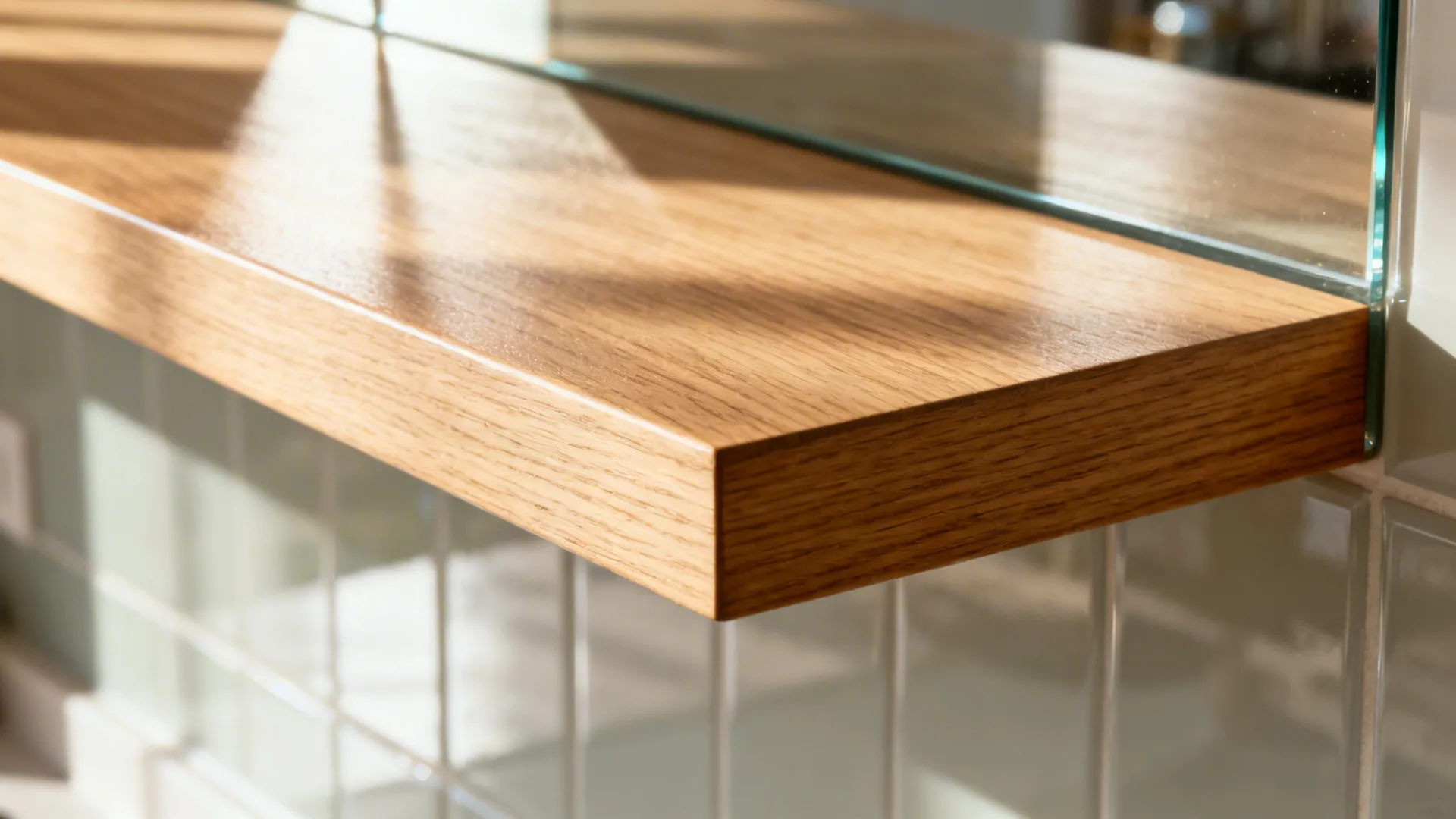 Macro of a sealed light oak veneer edge on a floating kitchen shelf in warm light.