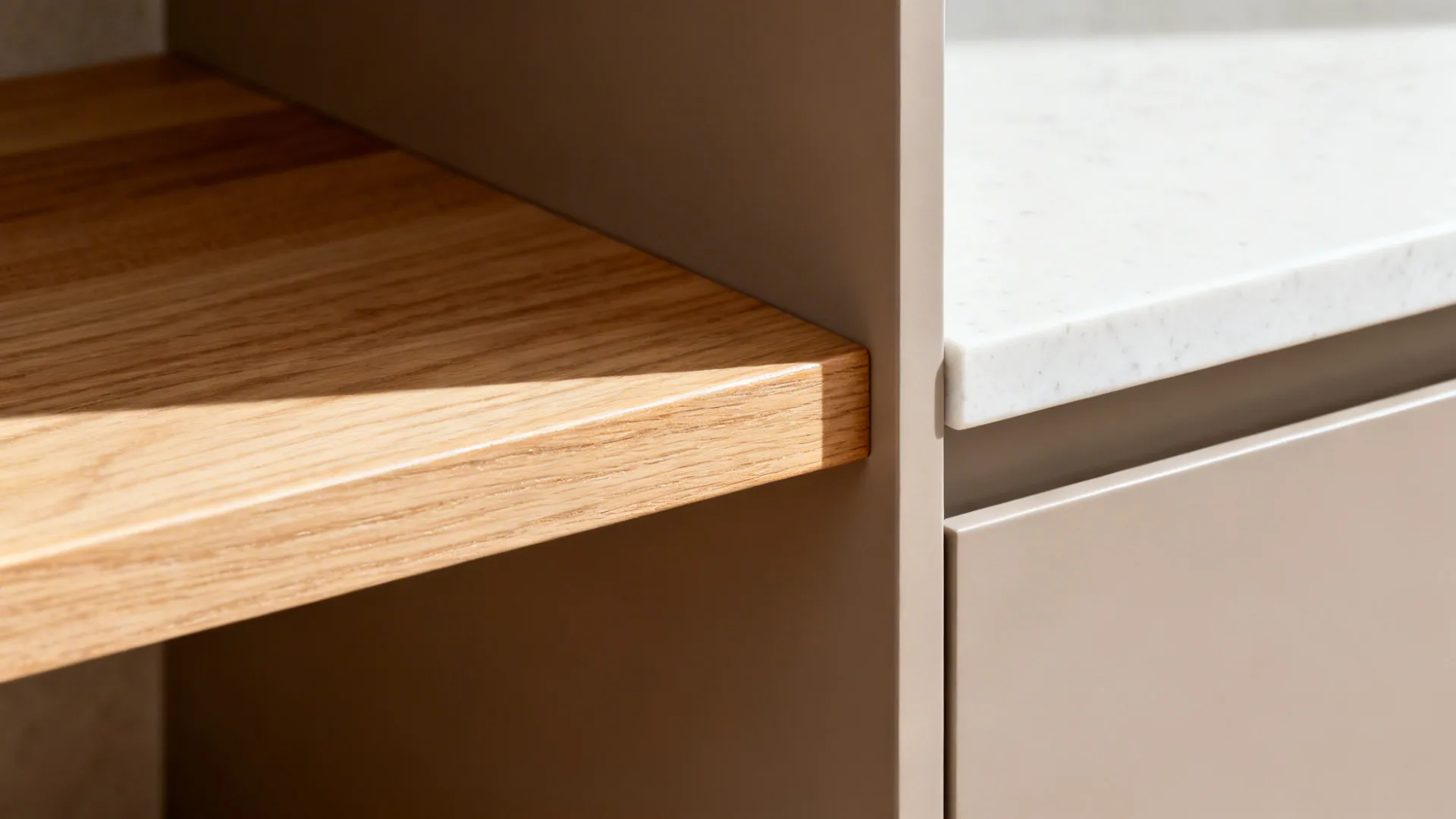 Macro of sealed white oak kitchen shelf beside matte cabinet and quartz.