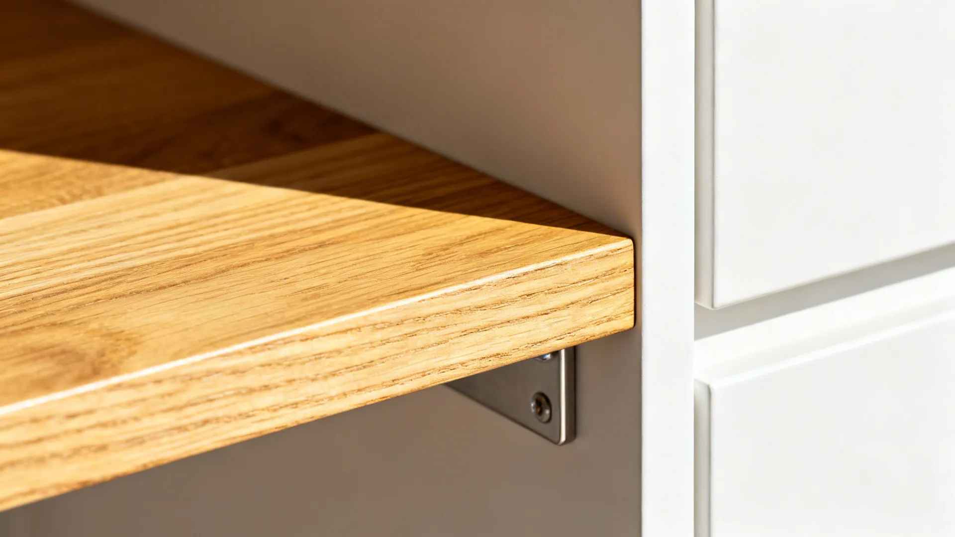 Macro of a white oak shelf edge beside a matte white cabinet panel.