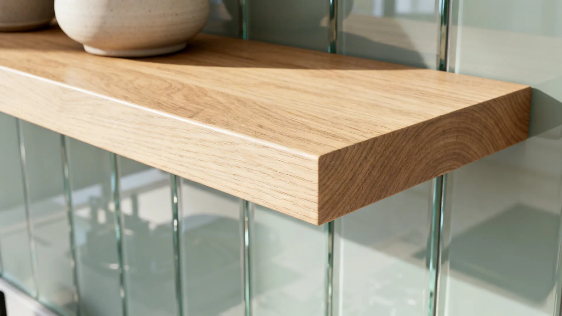 Macro of a light oak shelf with fine grain against a reflective glass backsplash.
