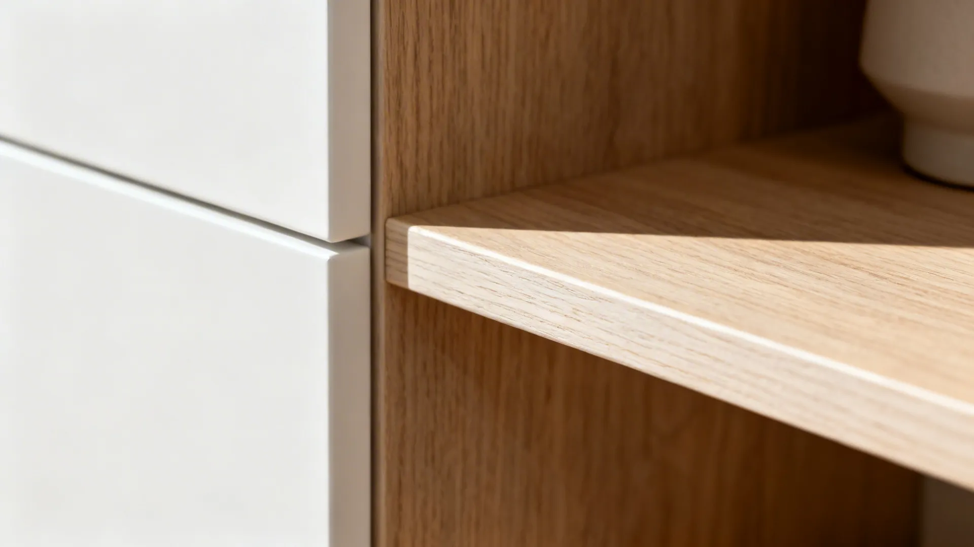 Close-up of white oak shelf edge with UV-resistant finish next to a matte white cabinet panel.
