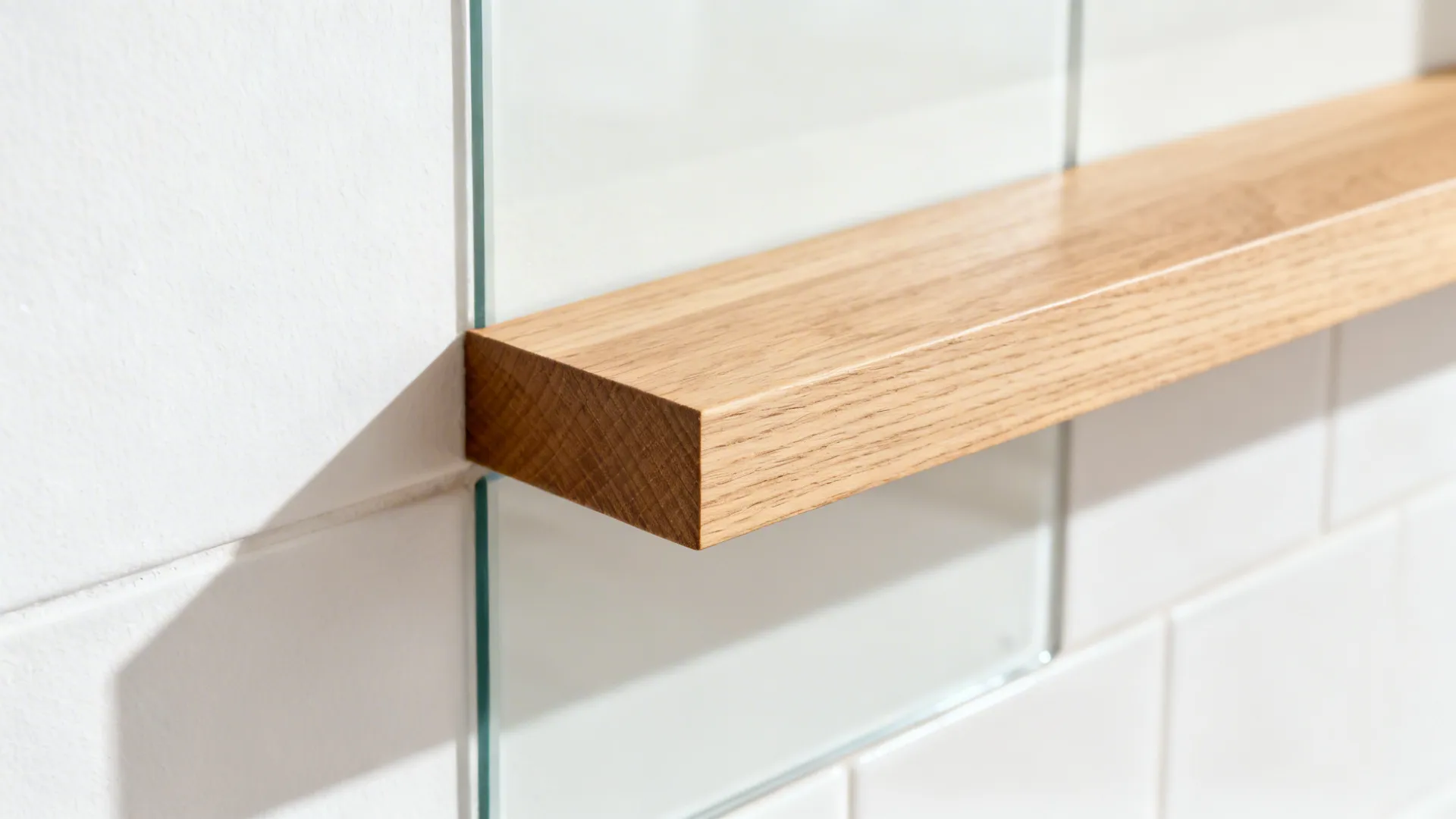 Macro of rift-cut white oak shelf edge with fine grain and matte finish.