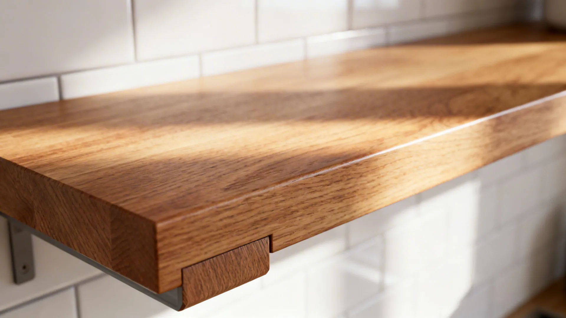 Macro of matte-finished oak shelf showing fine grain and concealed bracket detail against white tile.
