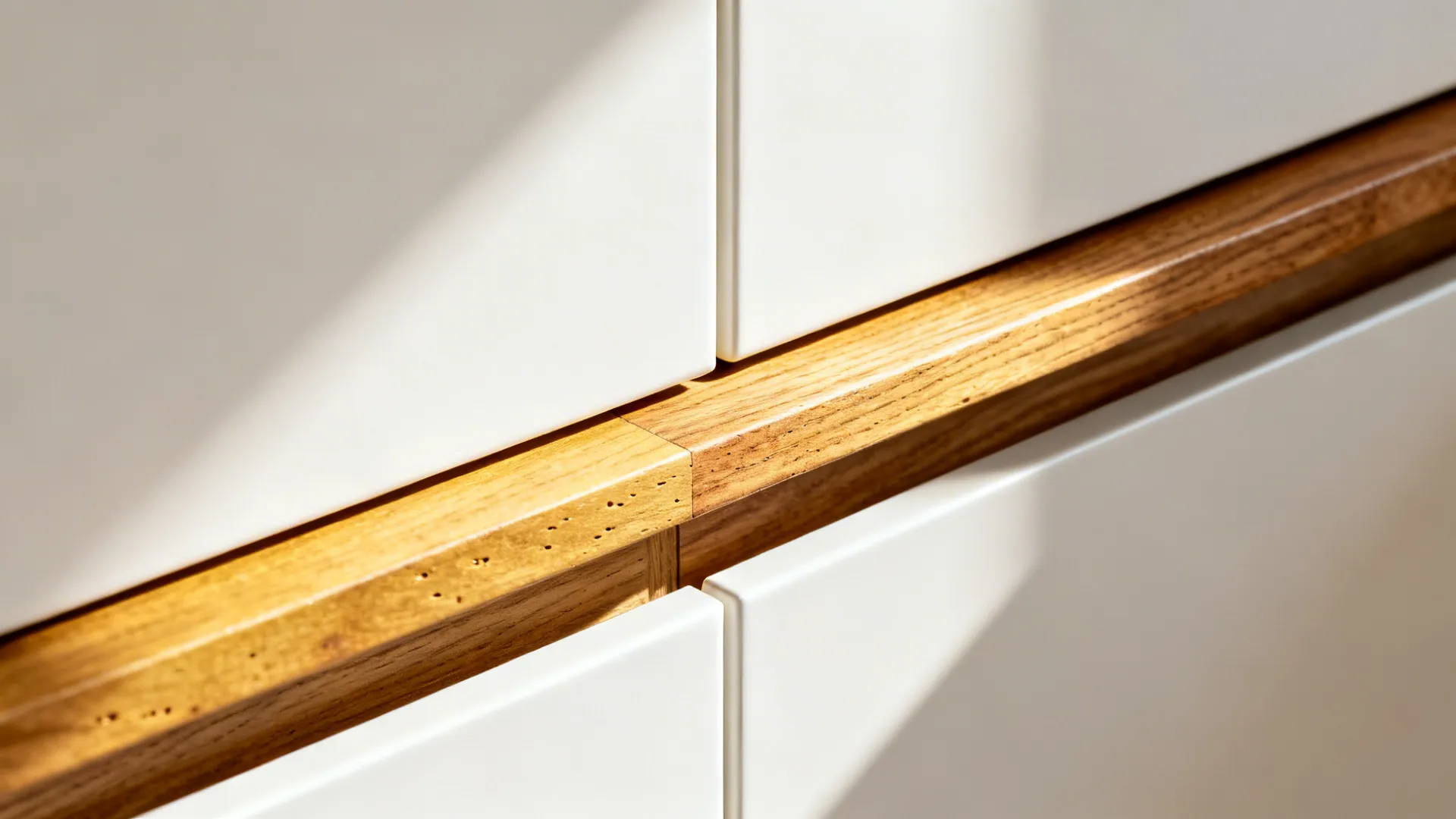 Macro of rift-cut oak shelf edge meeting a matte white cabinet panel.