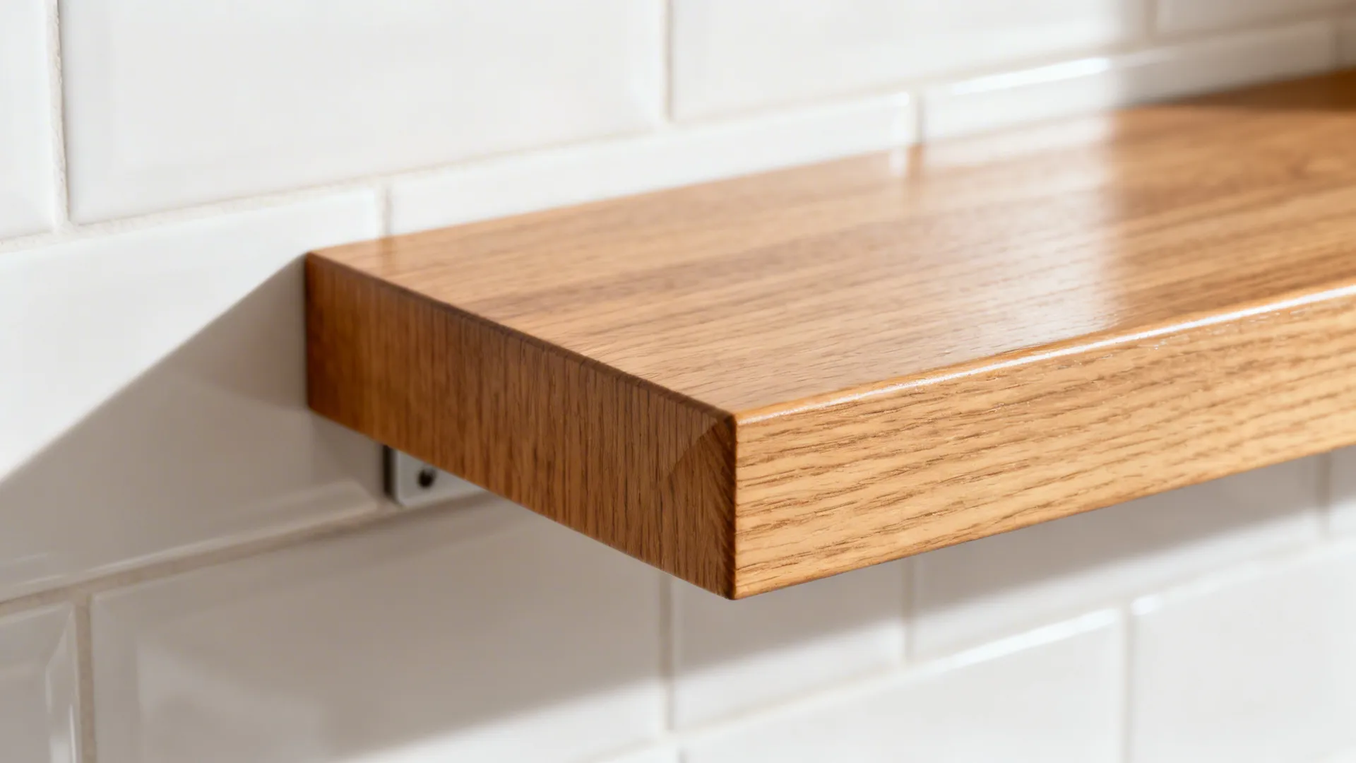 Macro detail of a slim oak open shelf showing fine grain and seamless wall junction.