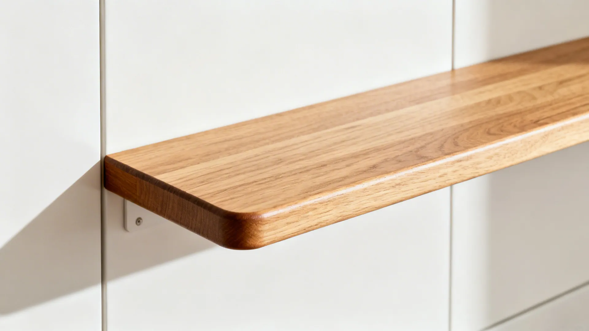 Macro of a light oak floating shelf against satin white cabinetry showing fine grain and sealed edge.
