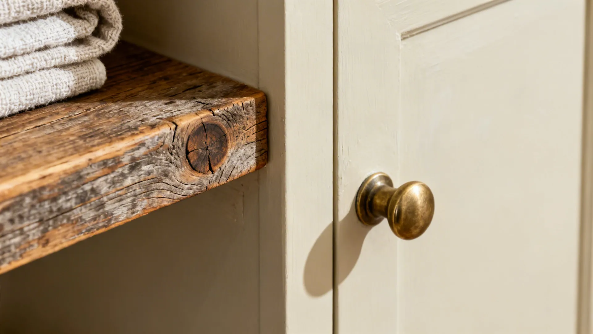 Macro detail of a weathered oak shelf beside a creamy cabinet with a brass cup pull.