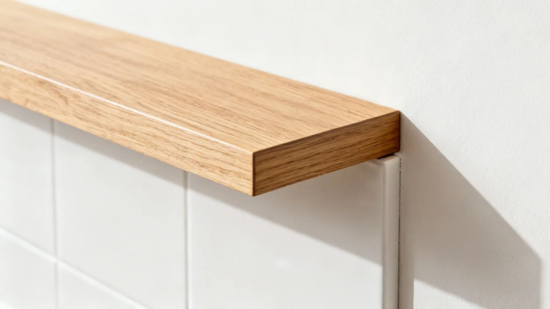 Close-up of a light oak shelf above a matte white surface with soft warm light.
