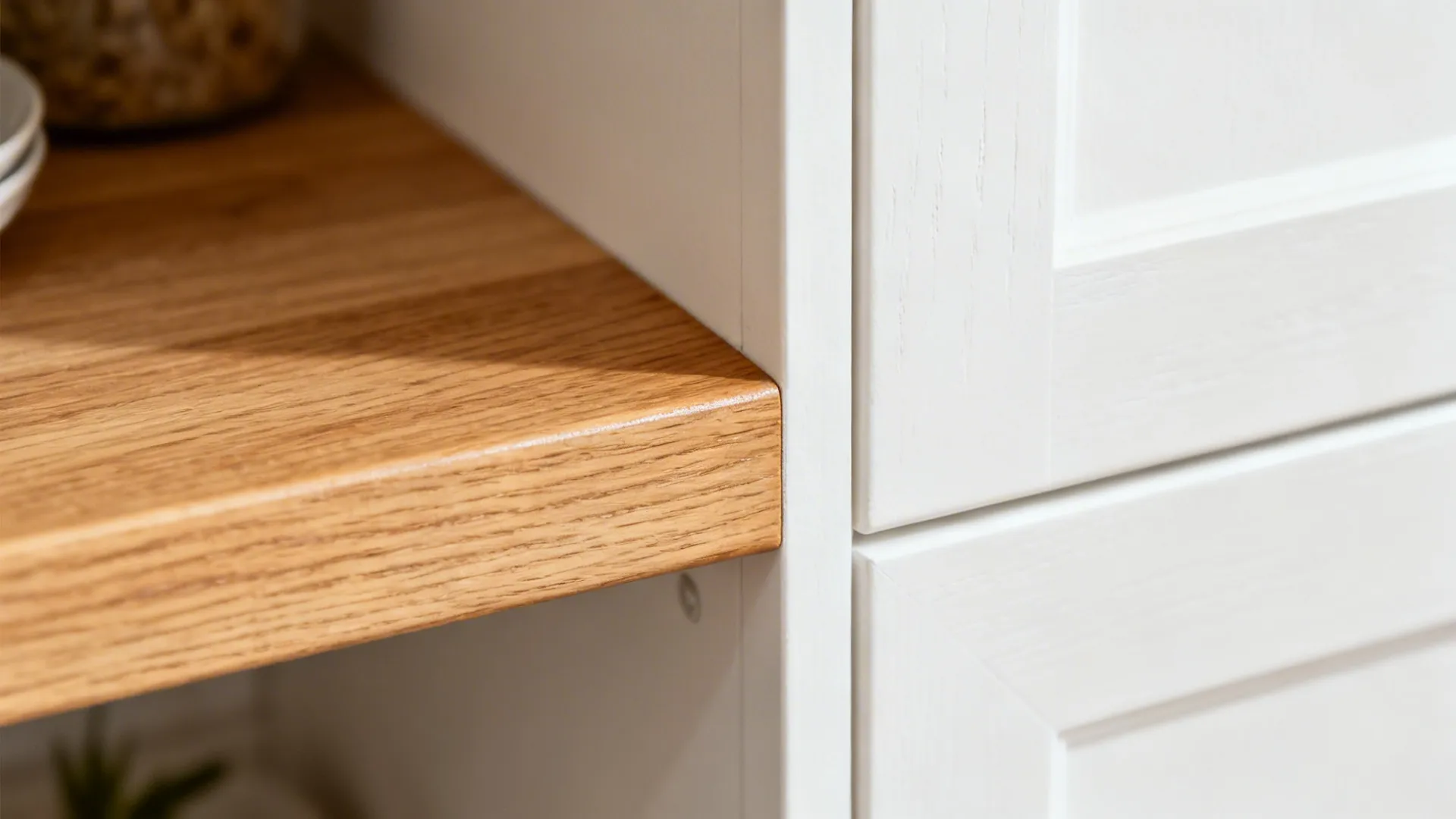 Macro of a light oak kitchen shelf with a smooth protective finish next to a white cabinet.