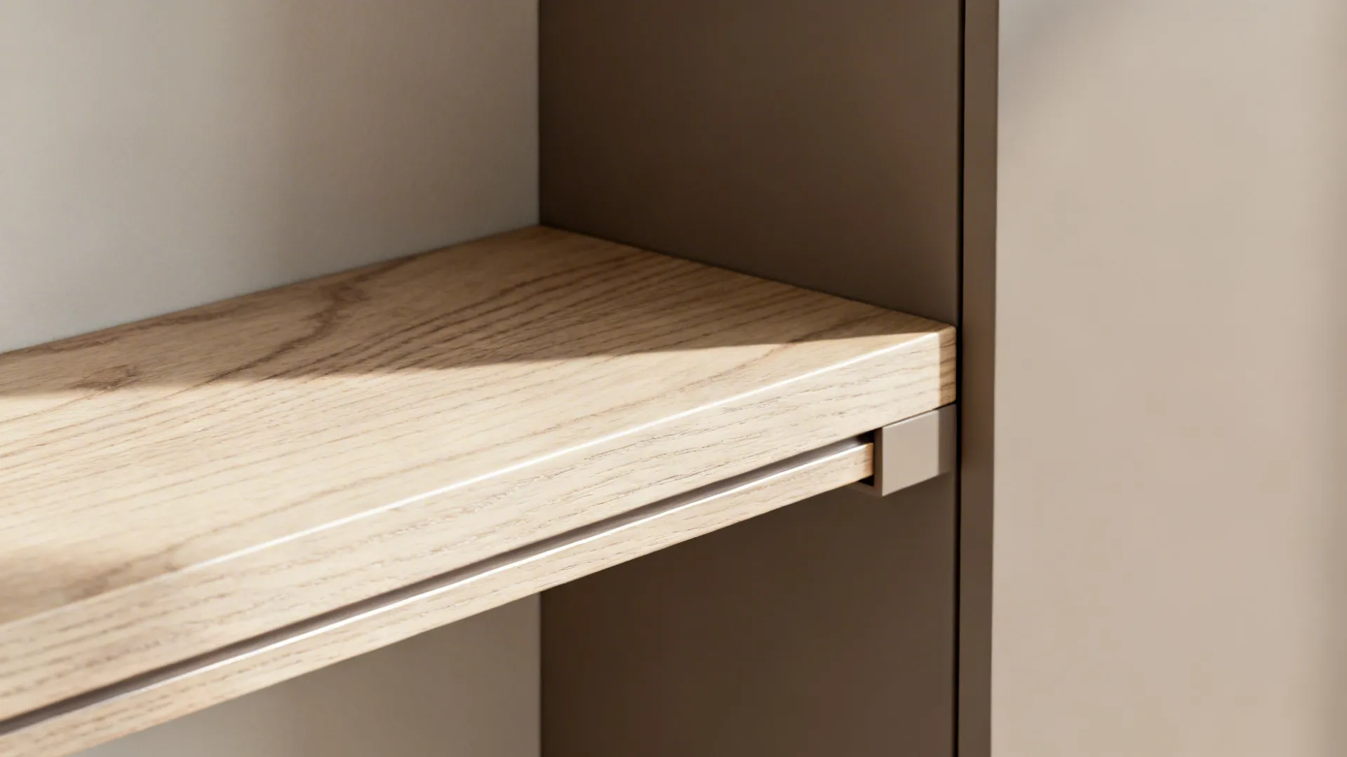 Close-up of a rift-cut white oak floating shelf with satin finish against a matte wall.