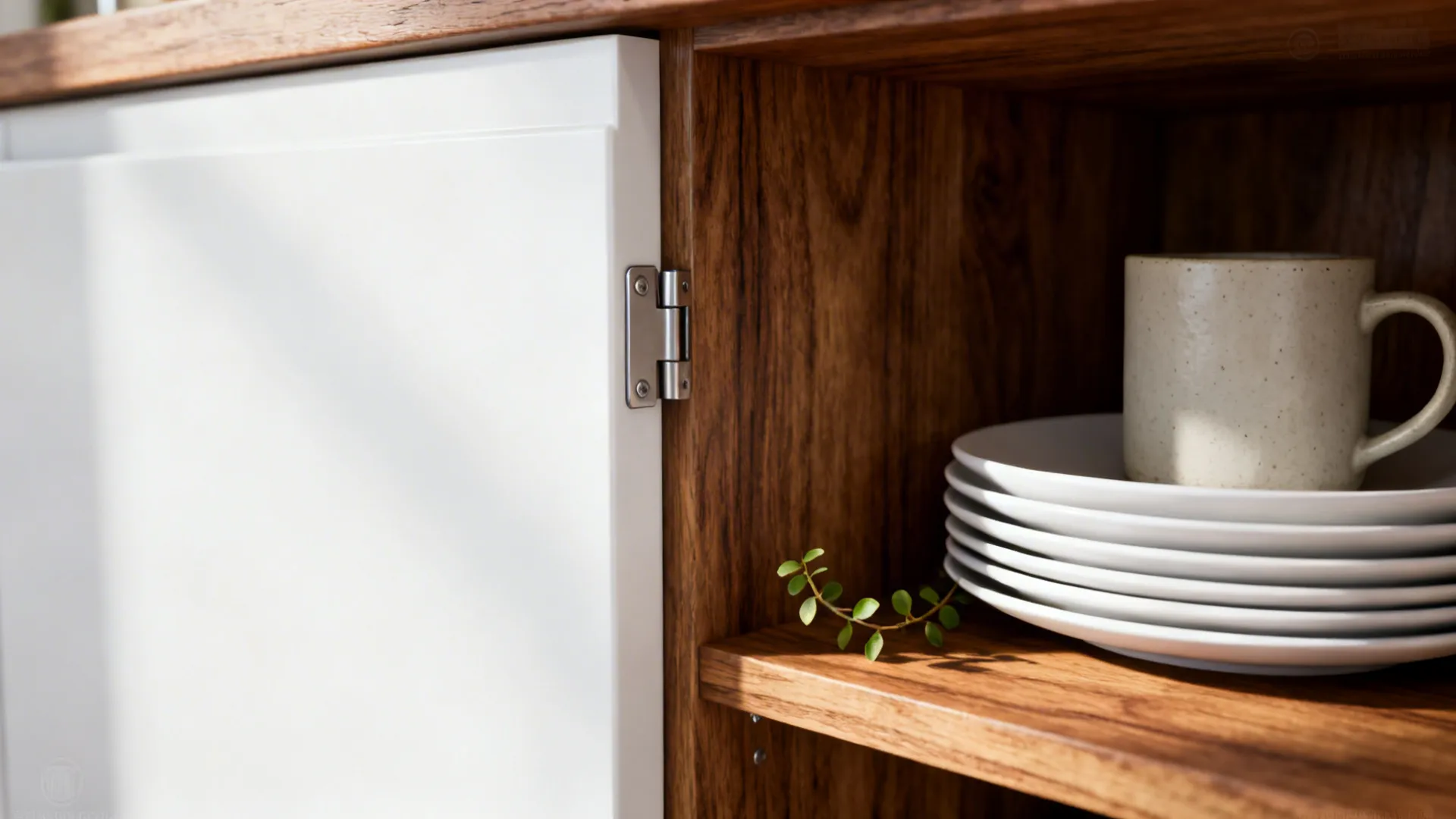 Macro of oak shelf with white dishes and plant beside a matte white cabinet.