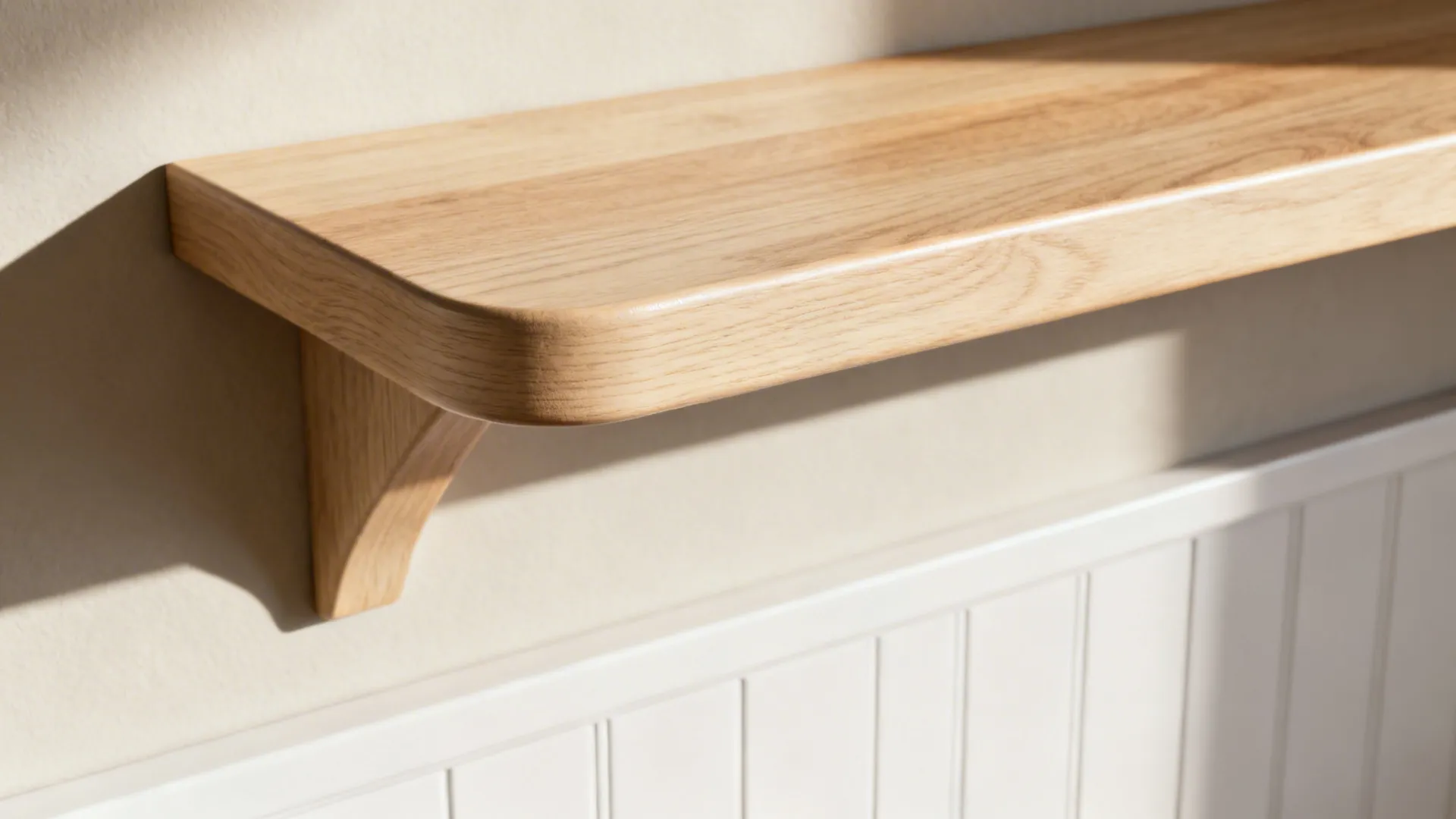 Macro of a white oak floating shelf with subtle grain and satin finish.