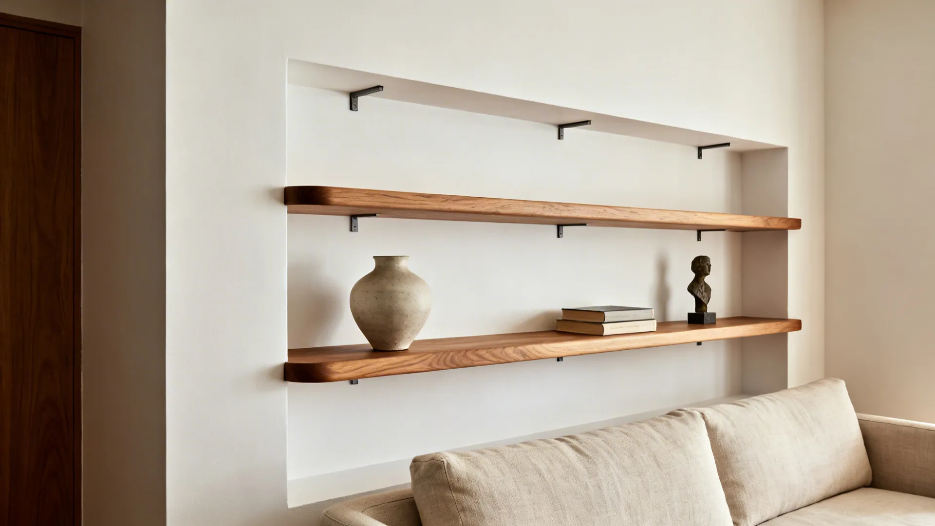 Living room wall niche with slim oak shelves and minimalist decor in soft daylight.