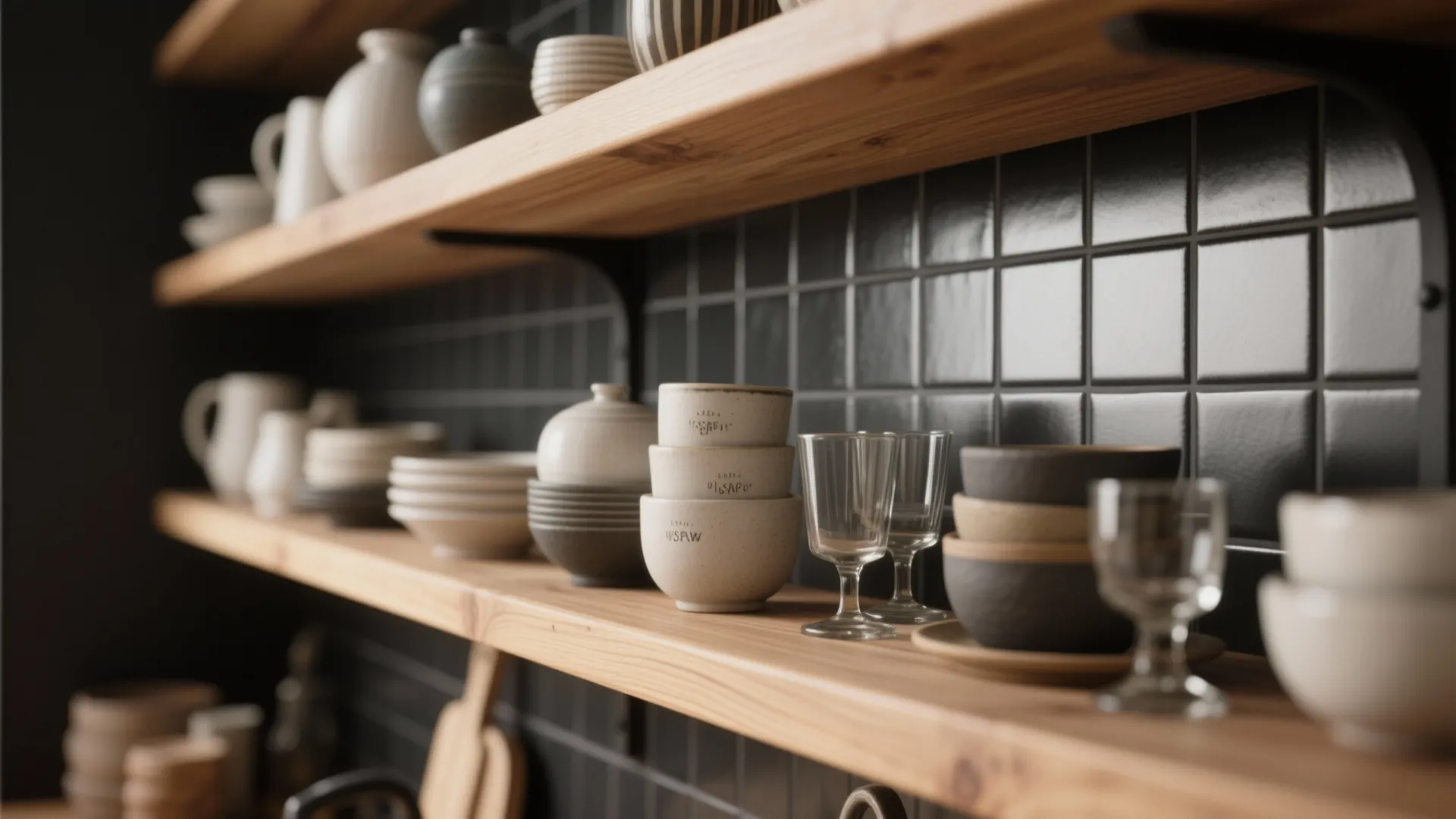 Wooden floating shelves holding ceramic bowls and glasses against a black tiled wall in kitchen
