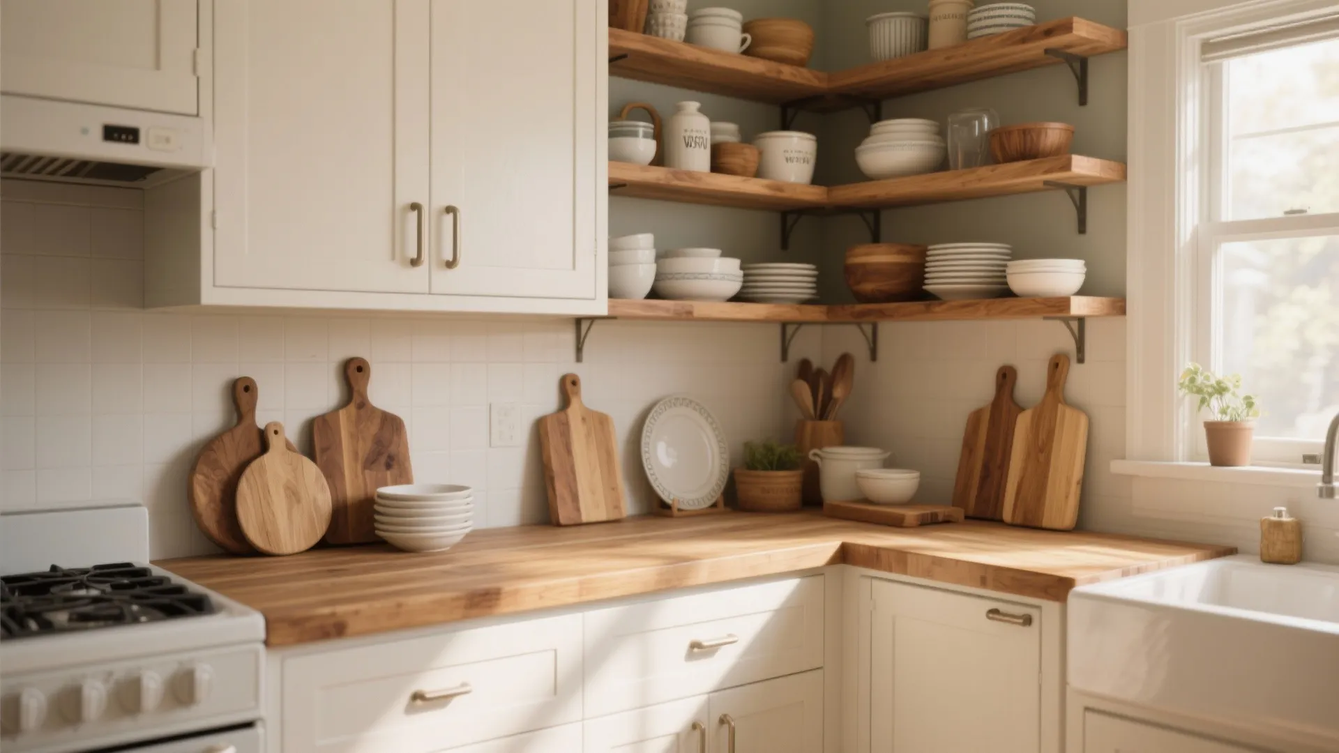 Modern kitchen with white cabinets wooden counter open shelves and ceramic bowls in natural sunlight