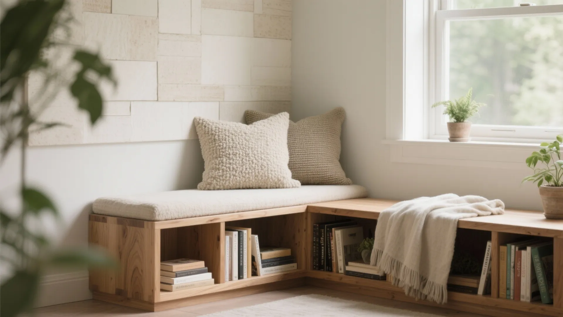 Warm Wood and Upholstery Mix with Integrated Shelves