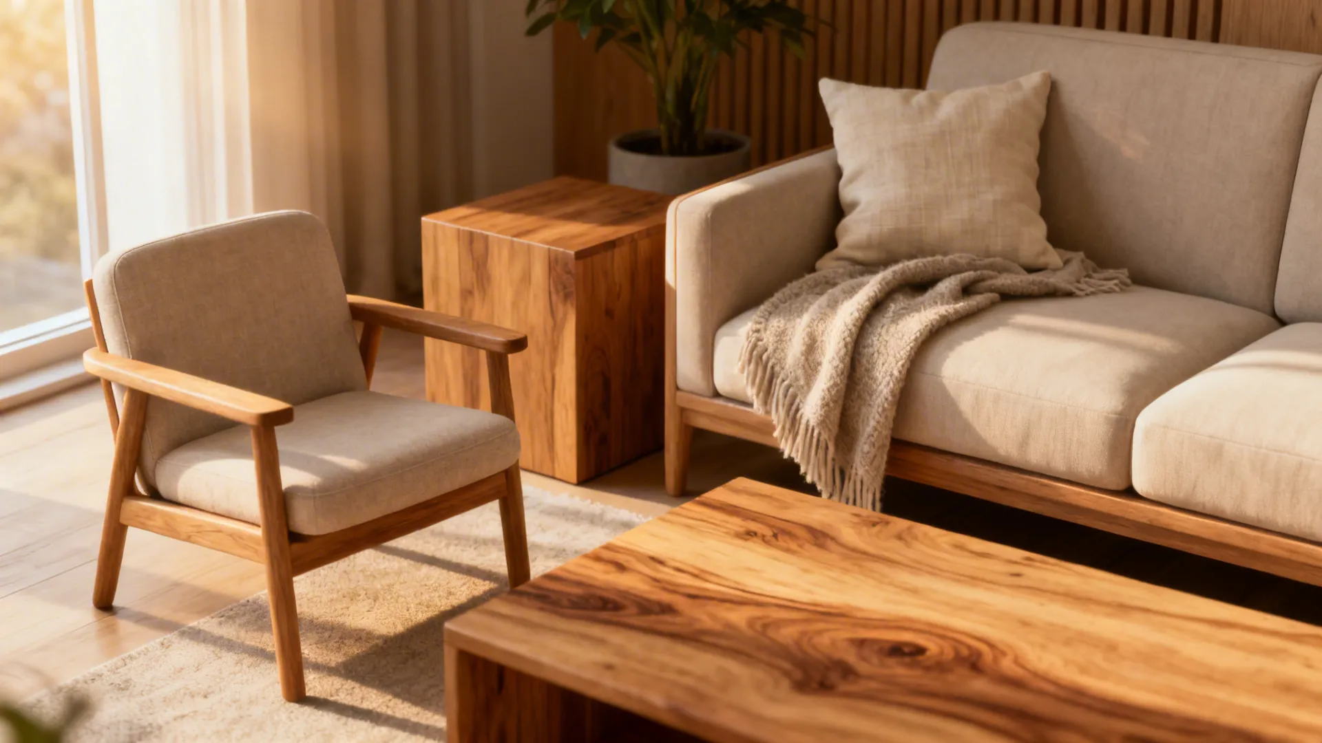Modern living room featuring wooden coffee table with beige sofa and matching wood frame chair