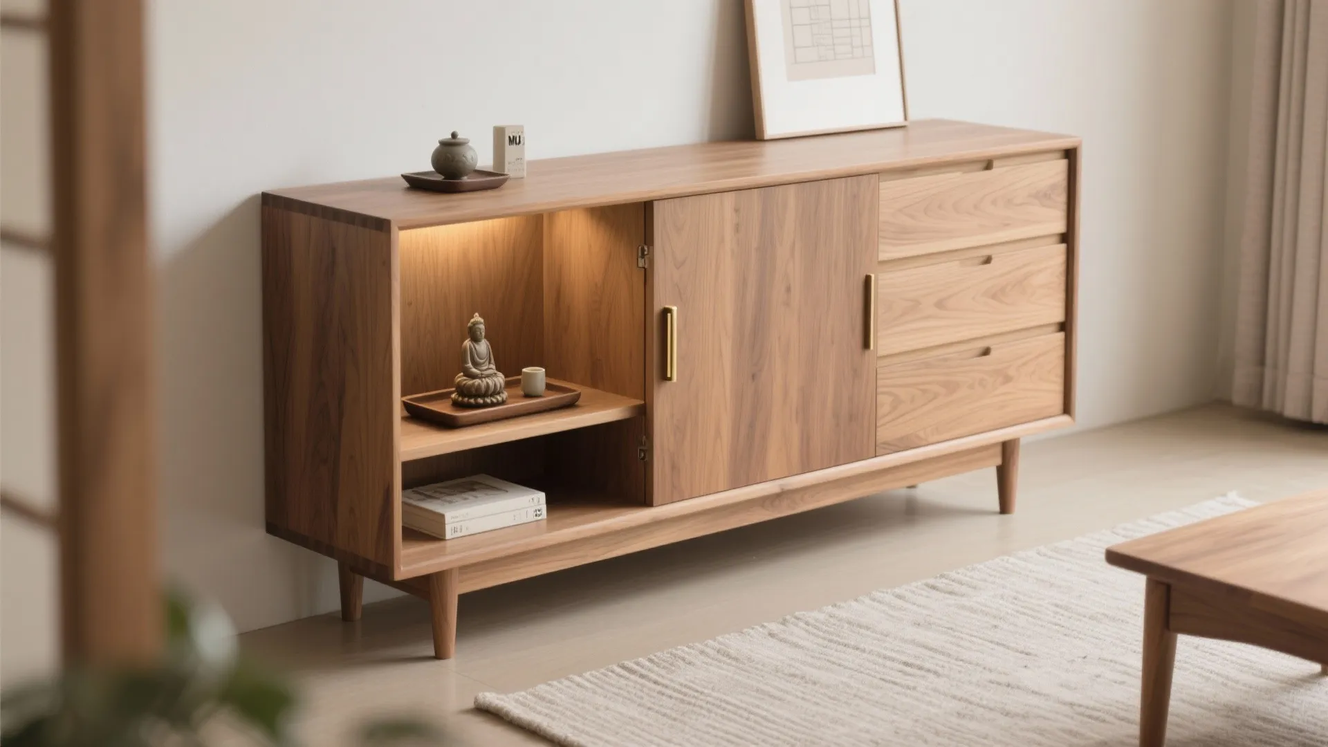 扉付きサイドボードで“見せない祈り”：収納技巧で生活感を消す