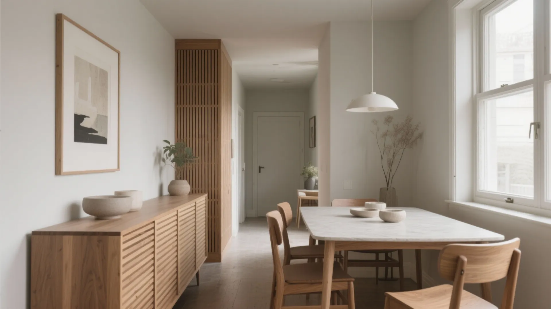 Long wooden cabinet along a white wall next to a marble dining table and wooden chairs