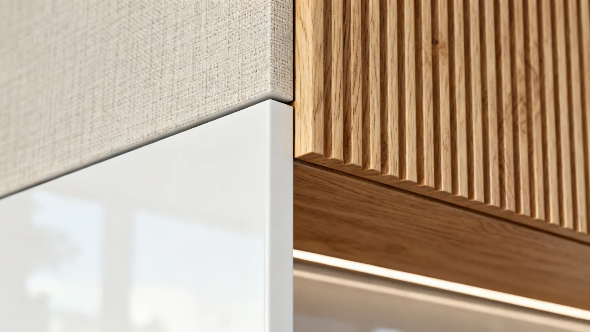 Macro of matte white slab cabinet meeting ribbed oak panel with precise reveal.