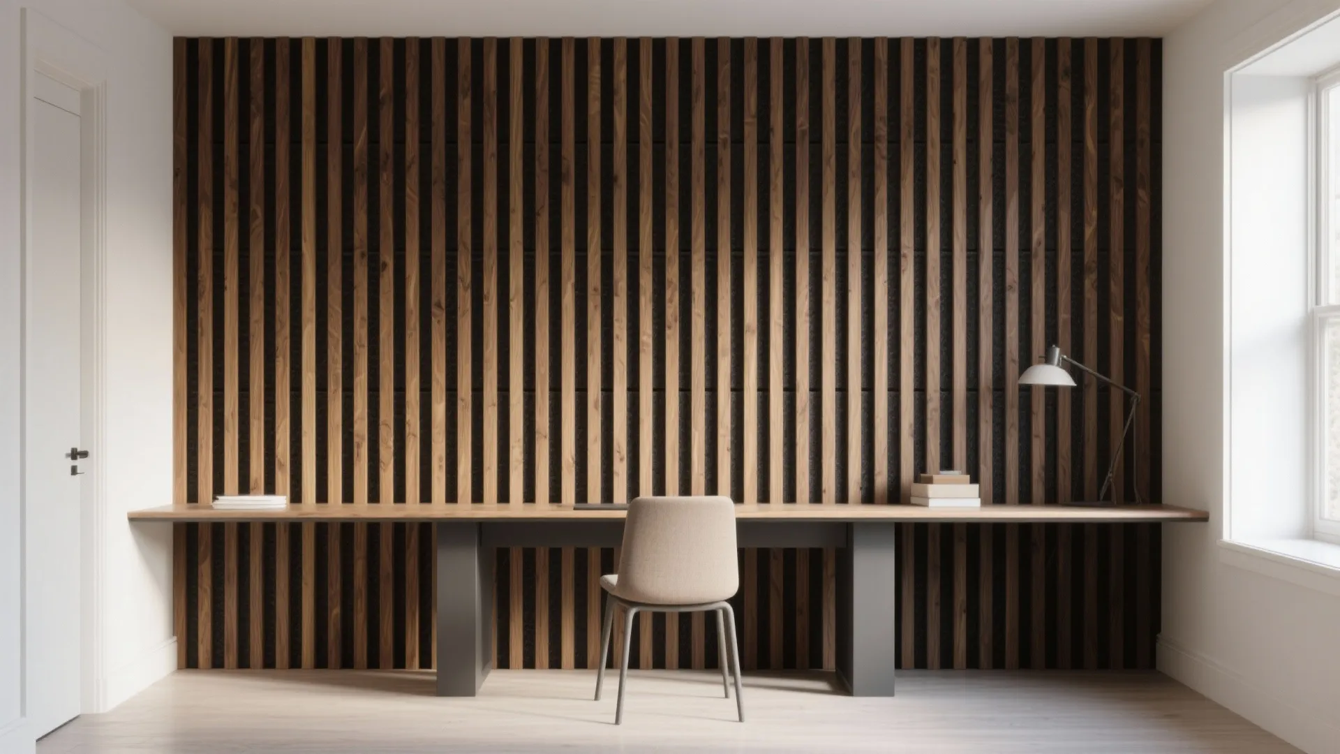 Textured oak slat walls for acoustic comfort
