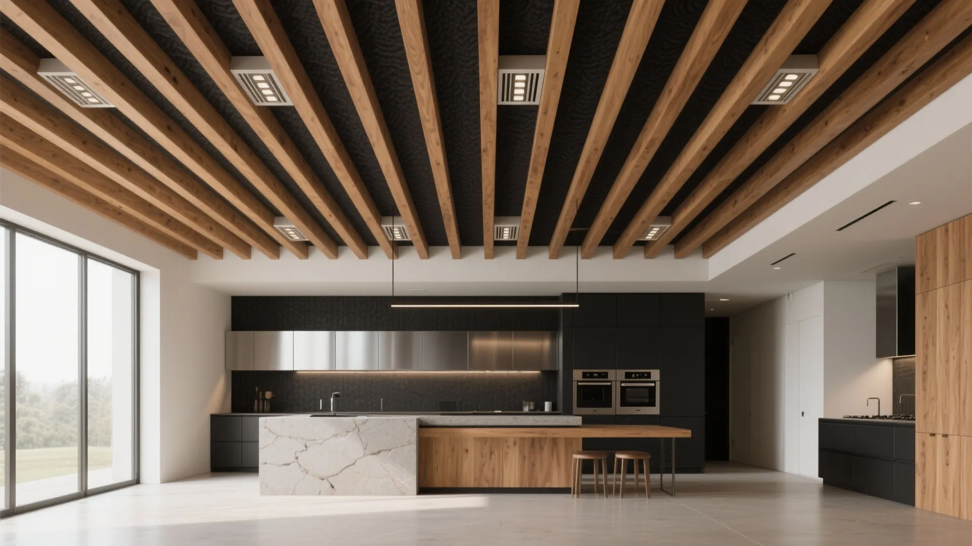 3) Wood slats or acoustic panels that breathe