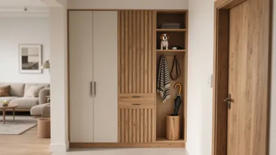 Modern Entryway Closet with Wood Accent & Smart Storage