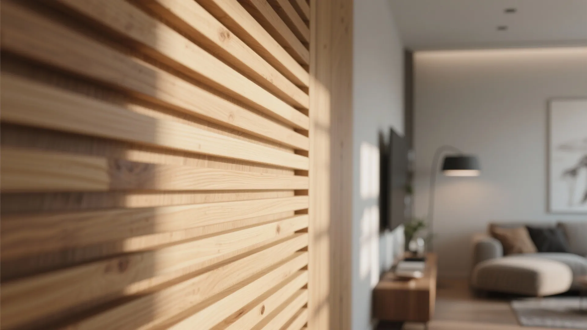 Wooden wall panel slats in modern living room with sofa and floor lamp in the background