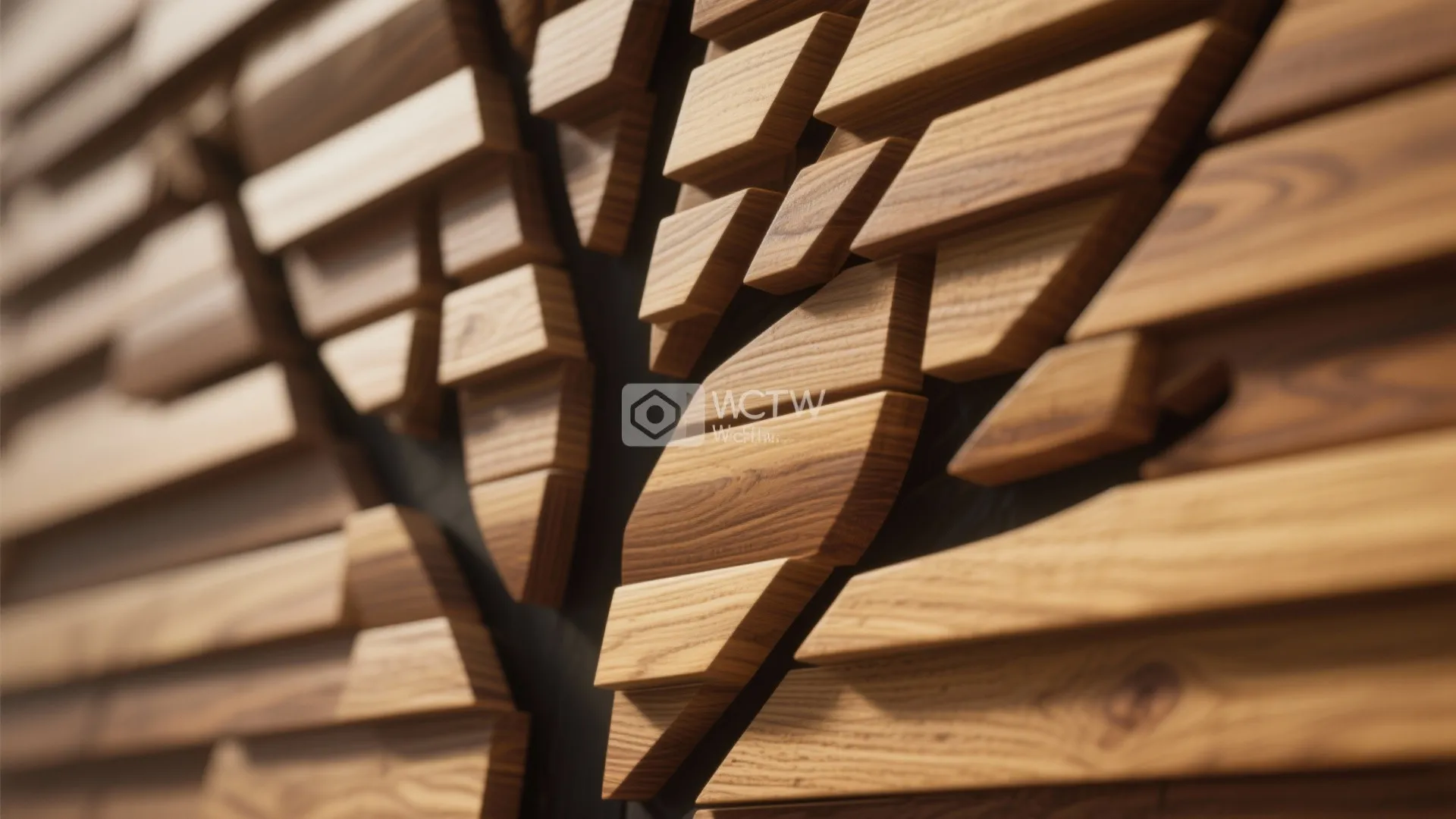 Close up view of decorative brown wood wall panels arranged in a creative tree shape