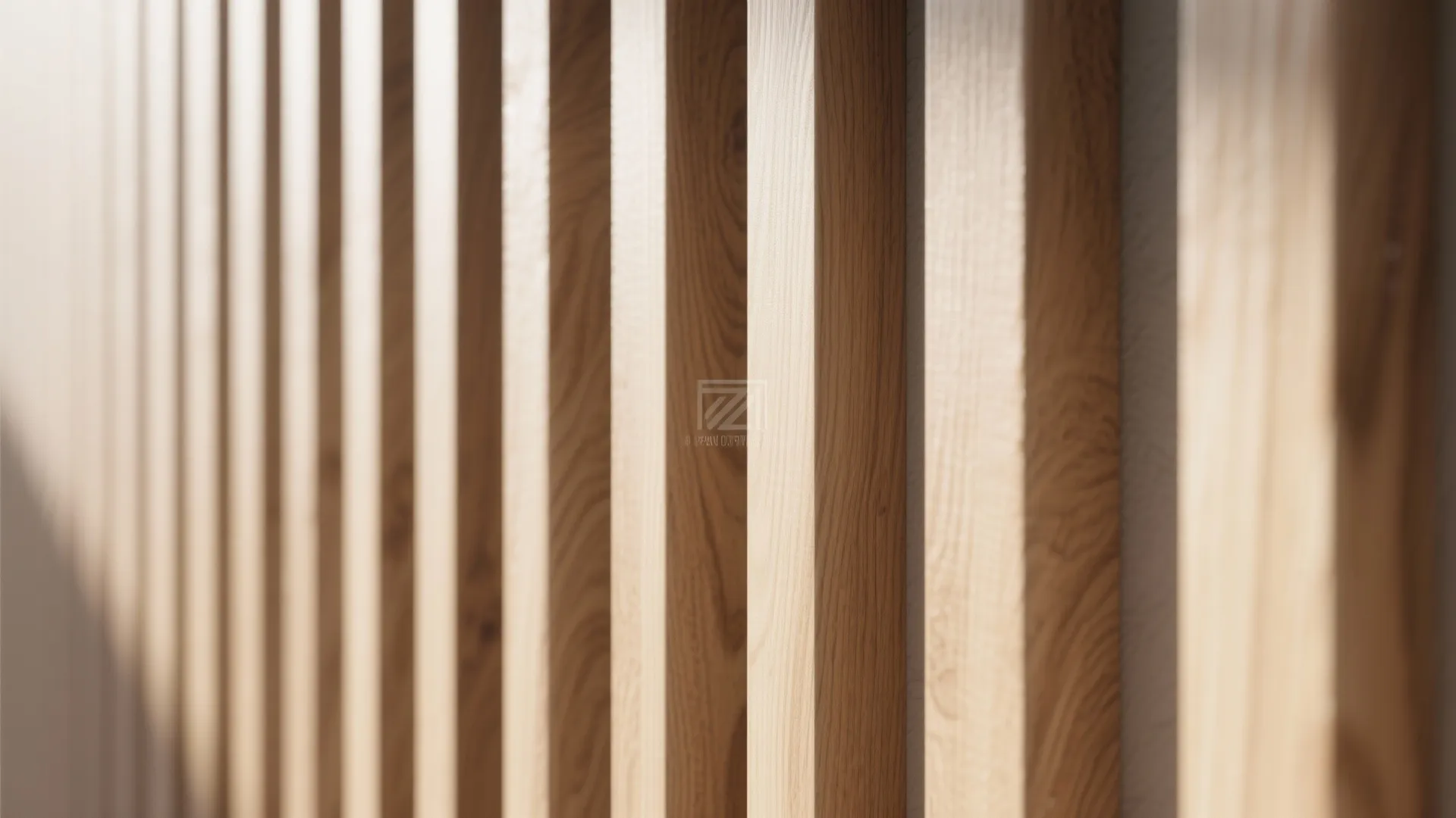 Close up of vertical wooden wall panel slats with natural oak texture and warm soft lighting