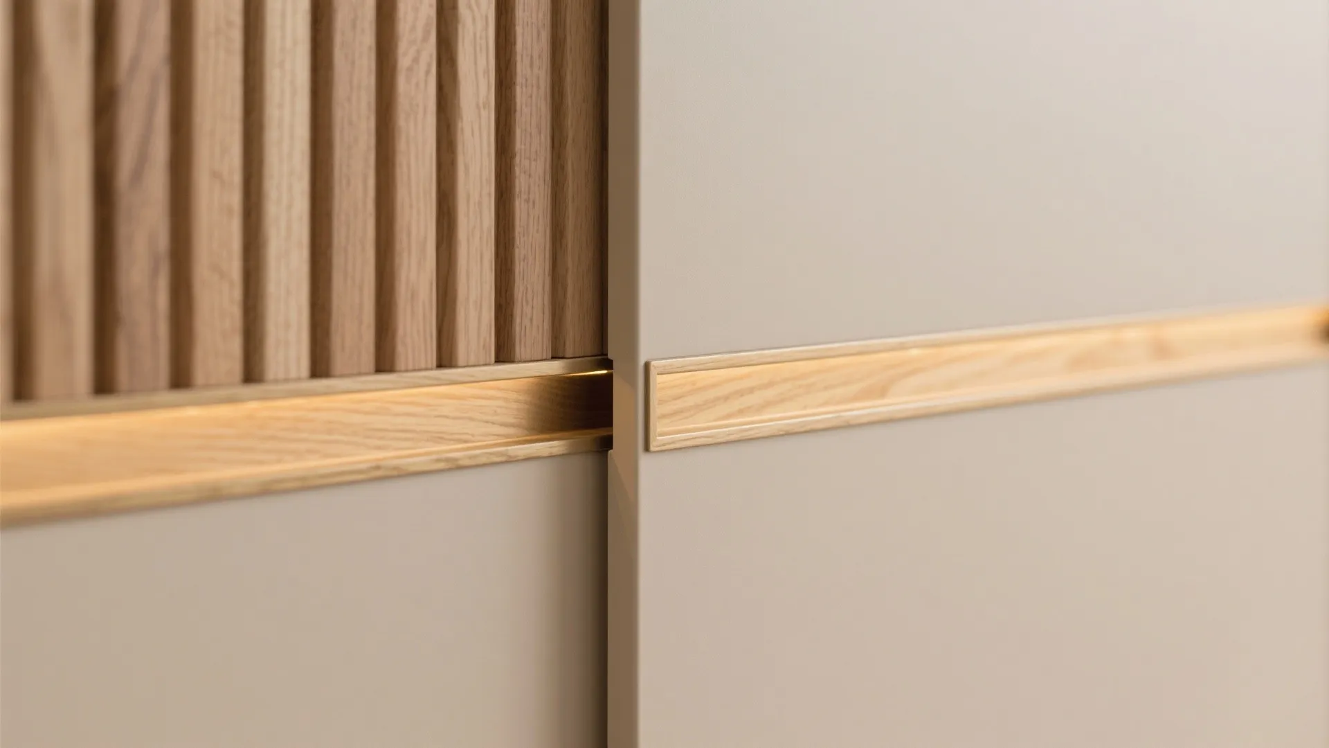 Bedroom storage walls with warm wood accents