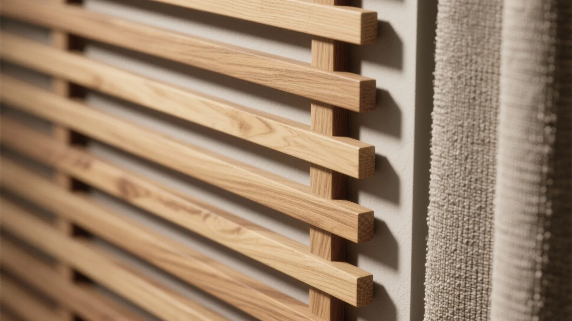 Close up of light brown wood wall panel boards with soft lighting and fabric curtain
