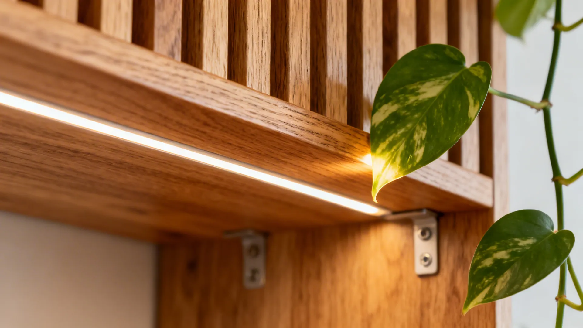 Macro of oiled oak slat with LED grazing light and plant leaf detail.