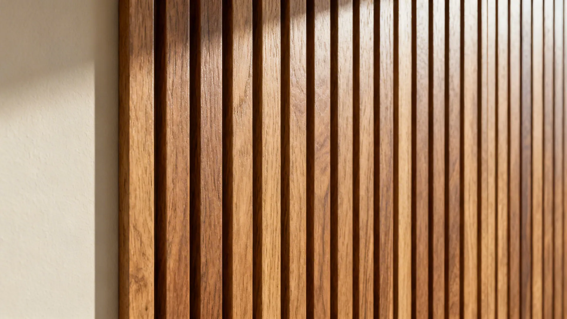 Macro detail of vertical oak slat tiles with matte finish and crisp spacing.