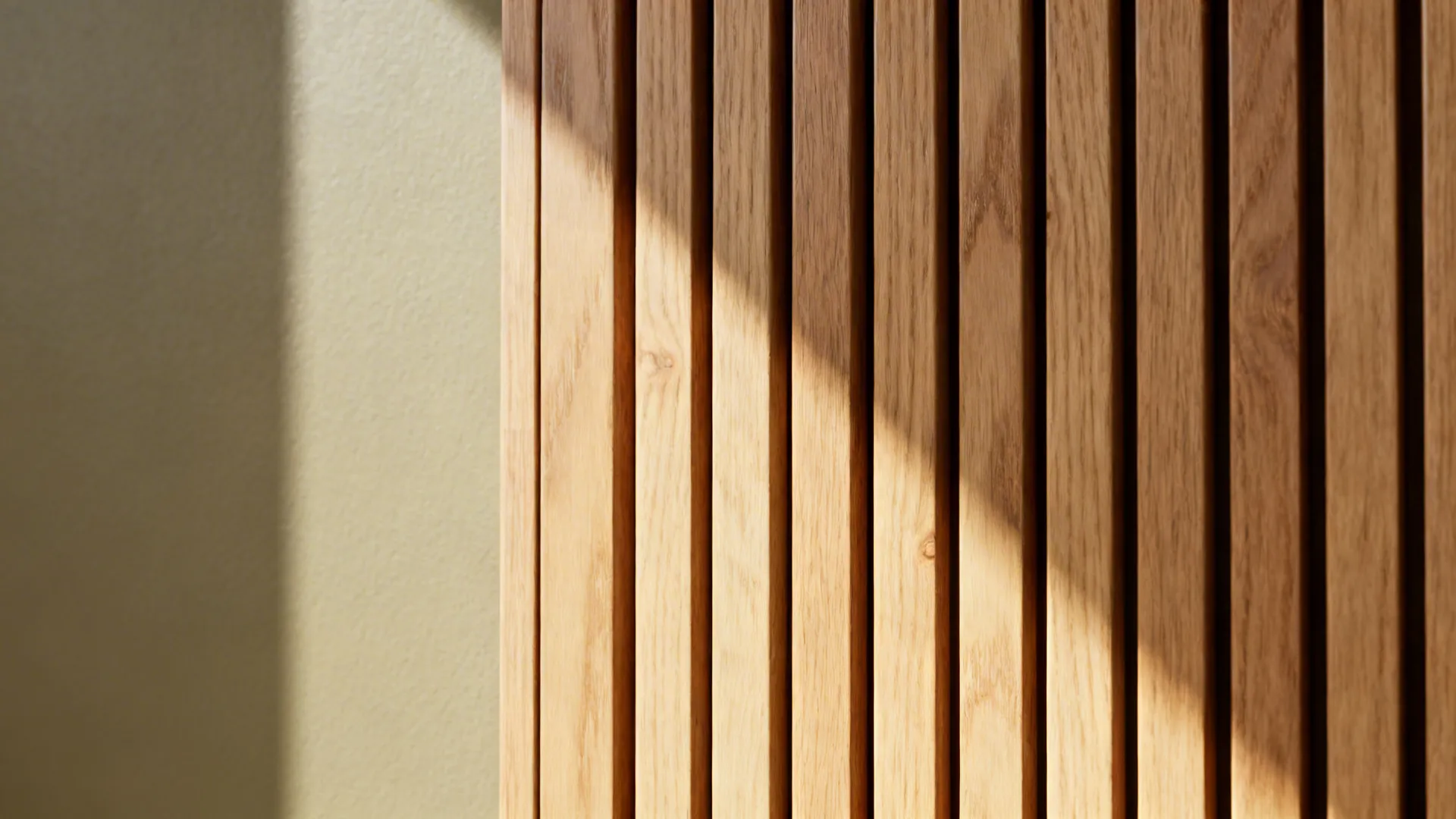 Macro detail of oak wood slats with warm greige wall showing grain and spacing.