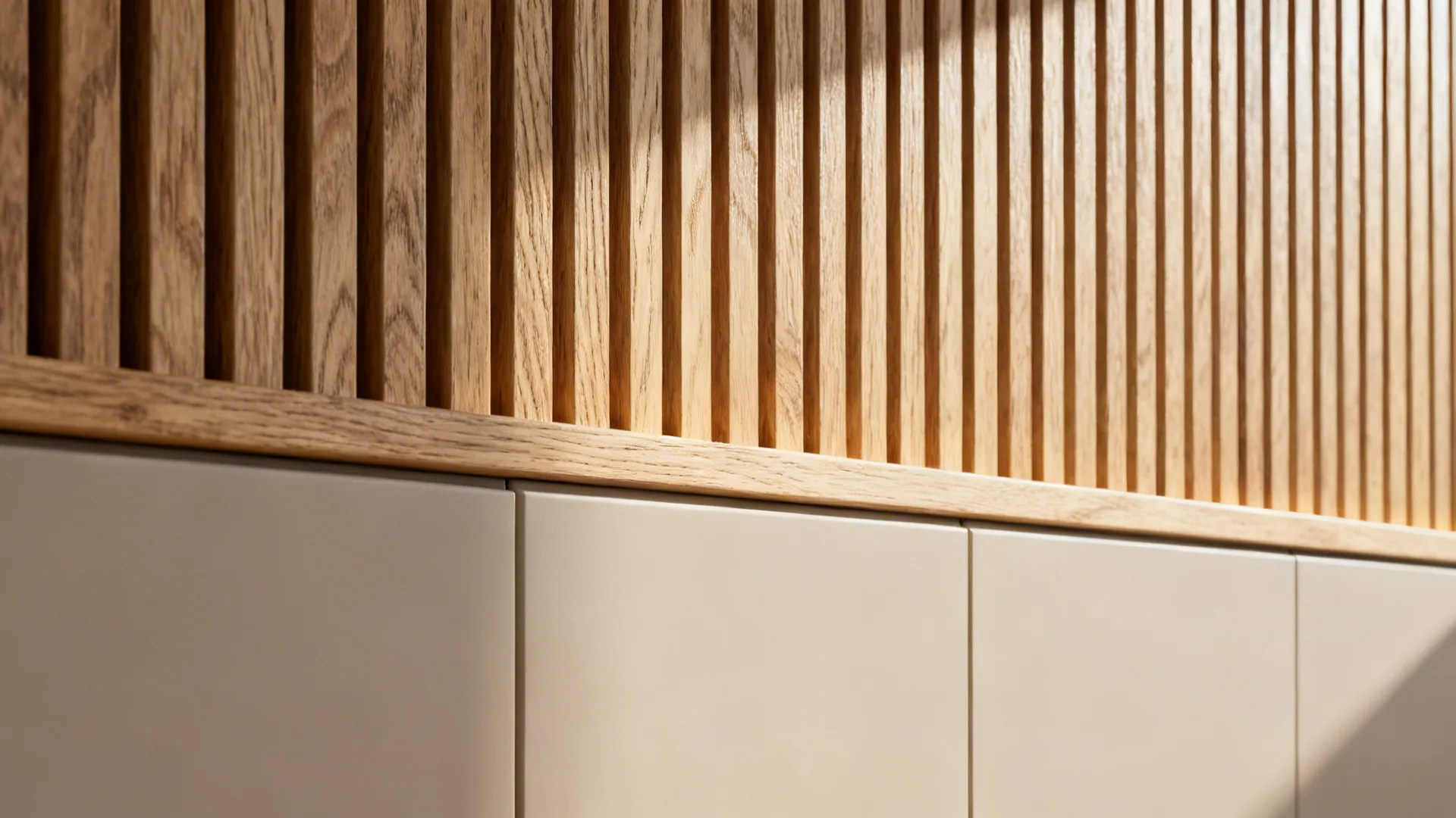 Macro of vertical white oak slats with tight spacing and clean transition to a matte painted surface.
