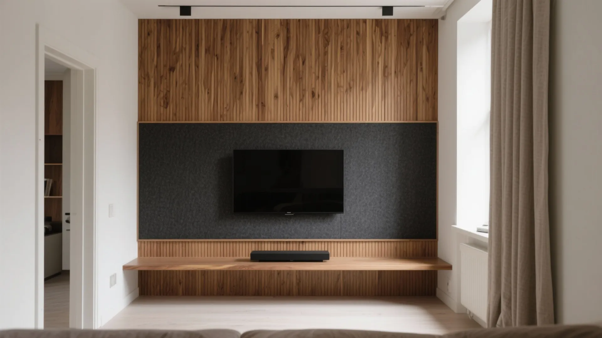 Modern living area with television mounted on a wood slat wall and floating wooden shelf