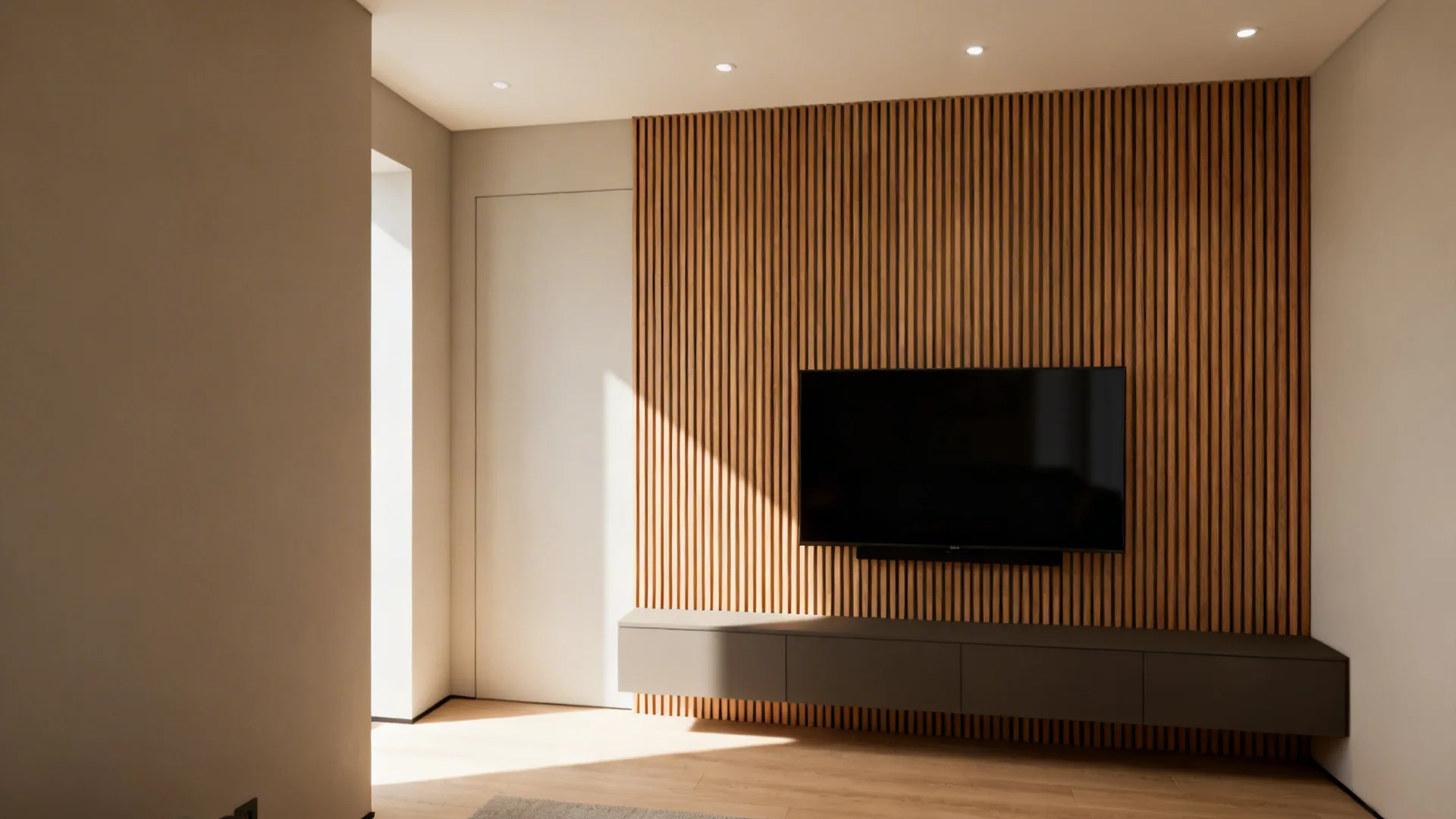Vertical slim oak slat tiles behind a minimalist media wall in a small living room.
