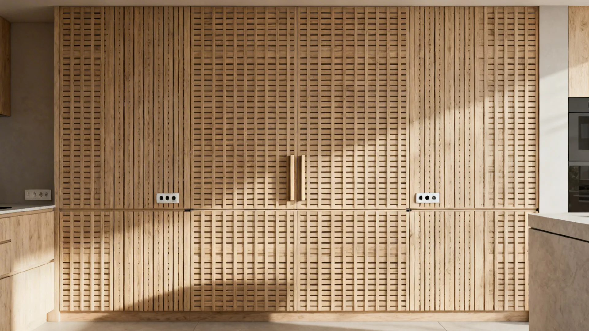 Vertical white-oak slatted kitchen wall with concealed touch-latch storage doors.