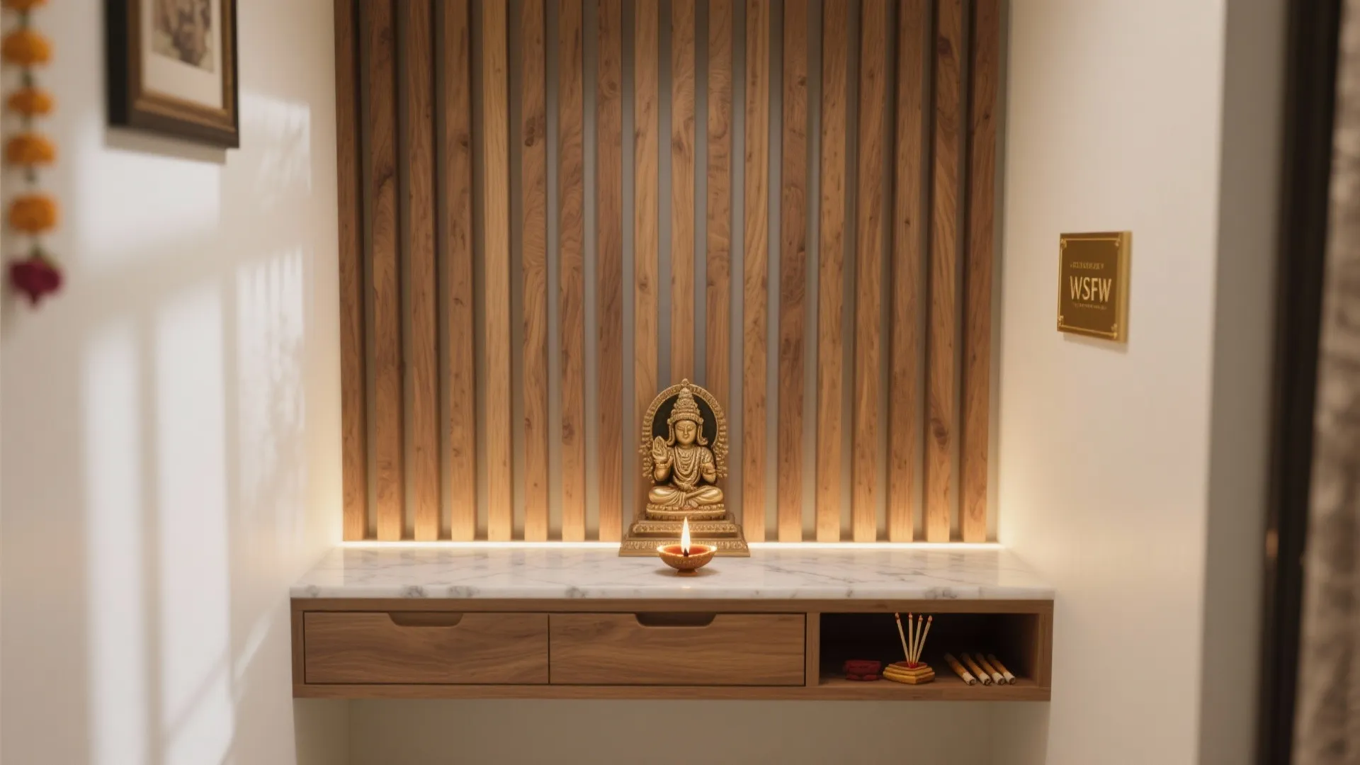 Minimal wood slat wall with hidden storage