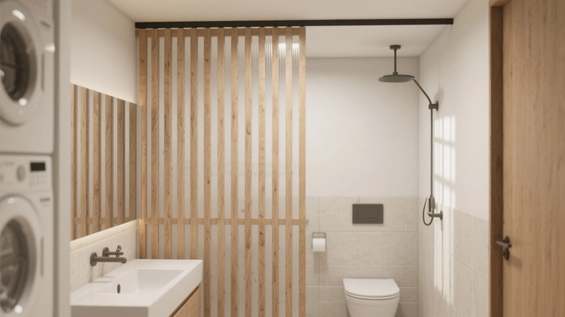 Modern bathroom interior with white sink toilet shower and a vertical wooden slat room divider