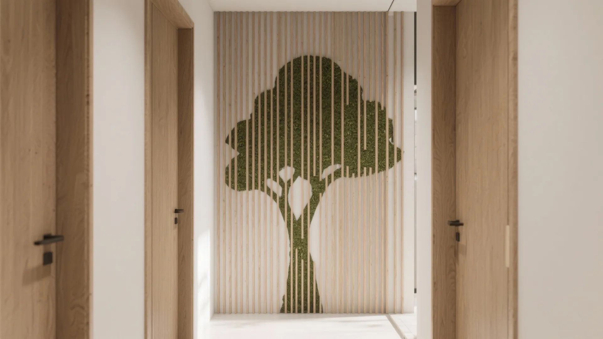 Modern hallway with wood doors and a large green tree wall art made of slats